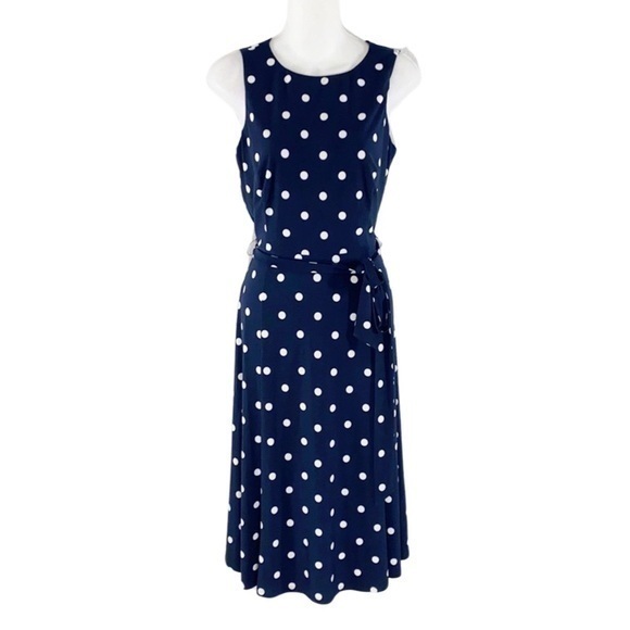 Anne Klein navy white polka dot belted midi dress W6 - Picture 1 of 13